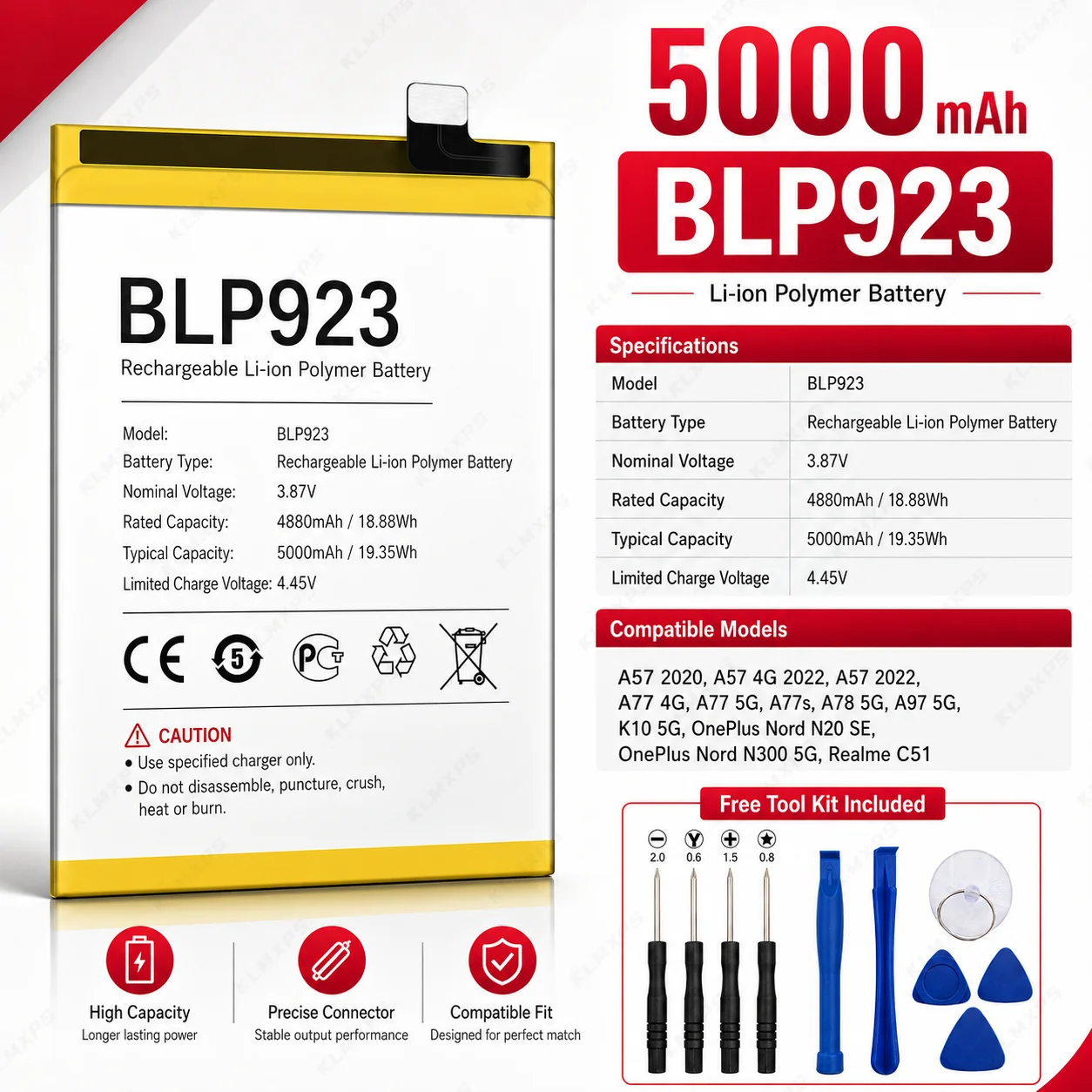 Replacement Mobile Phone Battery BLP923 500mAh For OPPO OnePlus A77 5G A77S A78 A97 5G PFTM10 A57 A57s CPH2385 A58 PHJ110