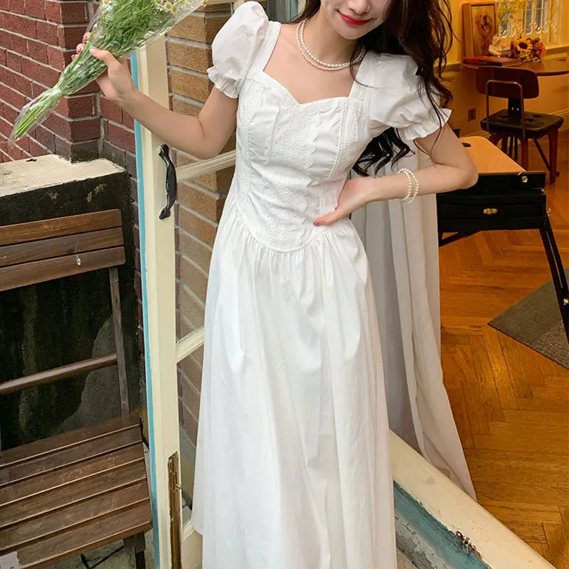 

Fashionable Lace Spliced Midi Dress Summer Vintage Puff Sleeve Female Clothing French Style Square Collar White Waist Dresses