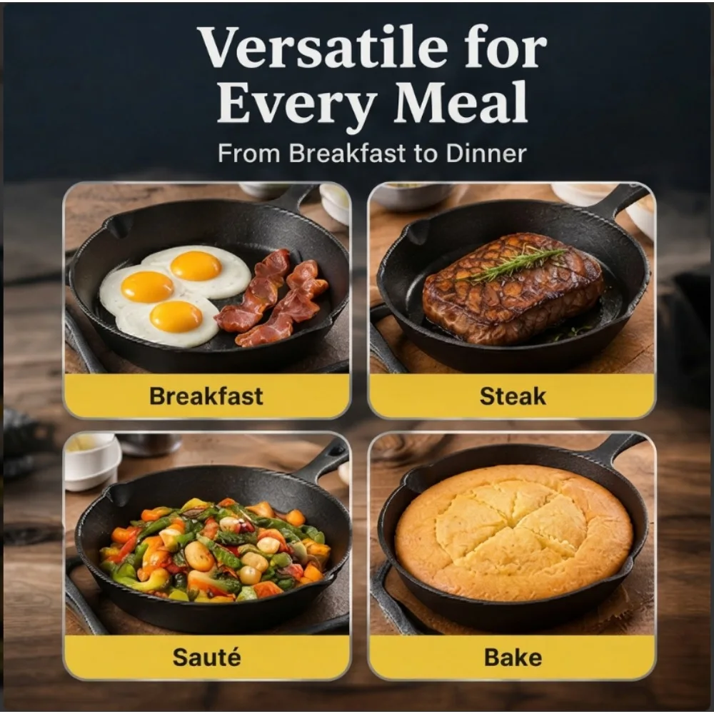 3-Piece Cast Iron Skillet Set, 6,8,10 Inch Frying Pans, Pre-Seasoned Cookware for Stovetop Oven Grill Camping Kitchen