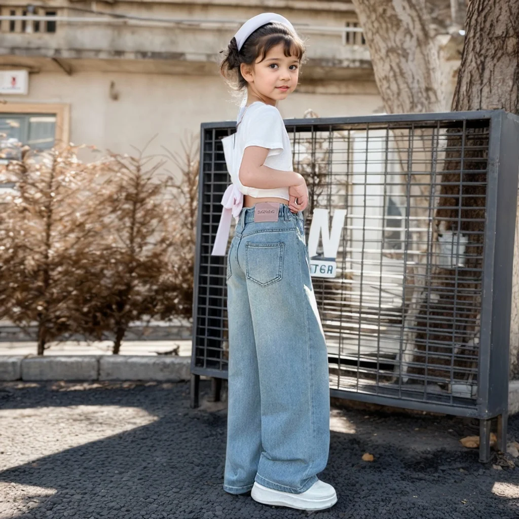 Girls' Peach Heart Pocket Pearl Jeans New Products Fashionable and Versatile Medium-Grand Children's  Wide Legs Casual Fashion