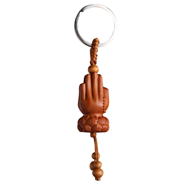 10Pcs Peach Wood Palm Keychain Lotus Buddha Palm Keychains Vintage Key Chain Bag Pendant Charms Men Jewelry