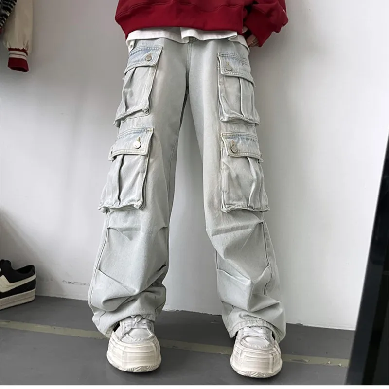 

Light Blue Cargo Jeans Men's Patchwork Straight Casual Trousers Men Muti-pockets Hip Hop Streetwear Loose Fashion Pants JJ492