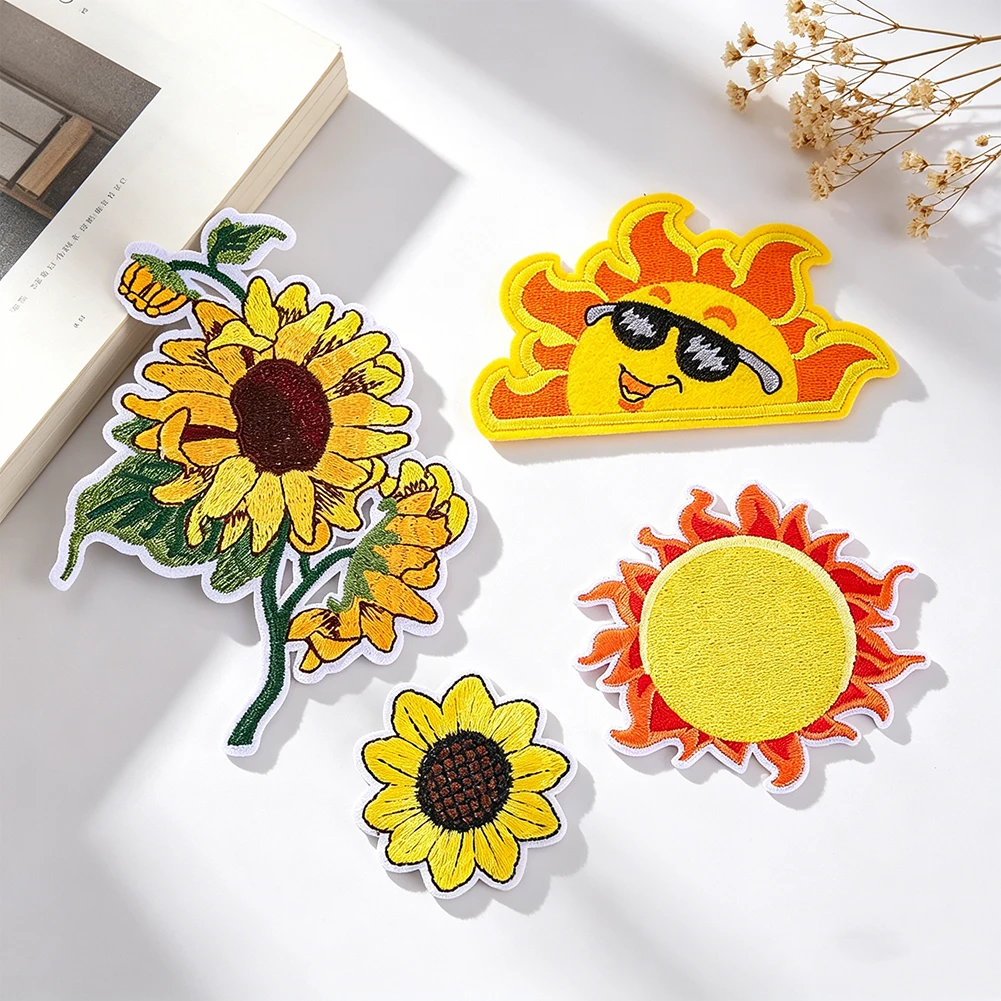 Böhmische, niedliche Sommer-Sonnenblumen- und Sonnen-Stickapplikationen zum Aufbügeln/Aufnähen für T-Shirts, Jeans, Jacken, Rucksäcke, Hüte, Deko-Geschenk – Detail 2