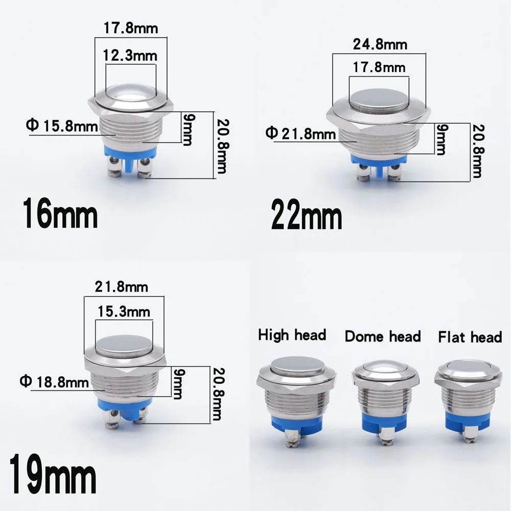 16/19/22mm Metal Button Instantaneous Self Resetting Doorbell Button High Flat Head Screw Terminal PC Power Start Stop Switch