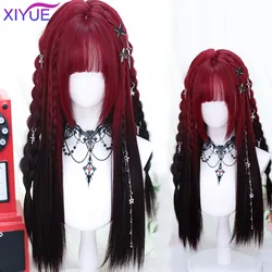 XUTYE Y2k synthetic long straight Lolita Harajuku wig with bangs black and red daily role-playing party hair