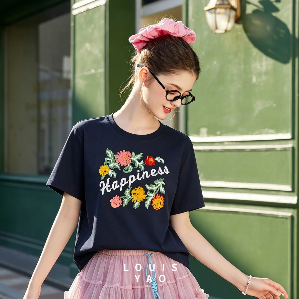 LOUISYAO Vintage Literary Knit T-Shirt 2026 Summer 3D Floral Embroidery Stretch Crew Neck Women's Tops