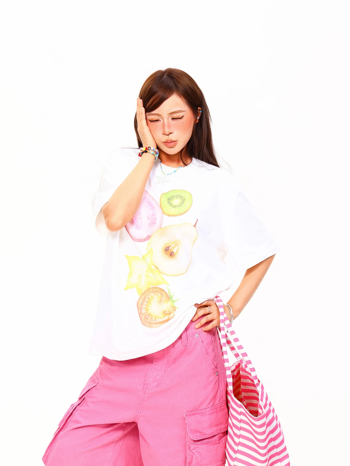 Light Blue American Style  Fruit Print Short Sleeve Women's T-shirt Summer Loose Casual Top Cotton Polyester Material