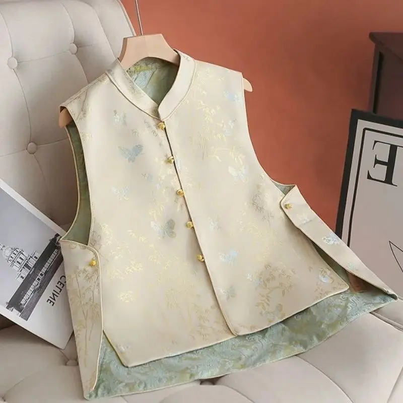 Estilo chinês feminino sem mangas colete bordado flor jaqueta feminina verão novo decote em v lantejoulas feminino colete casaco