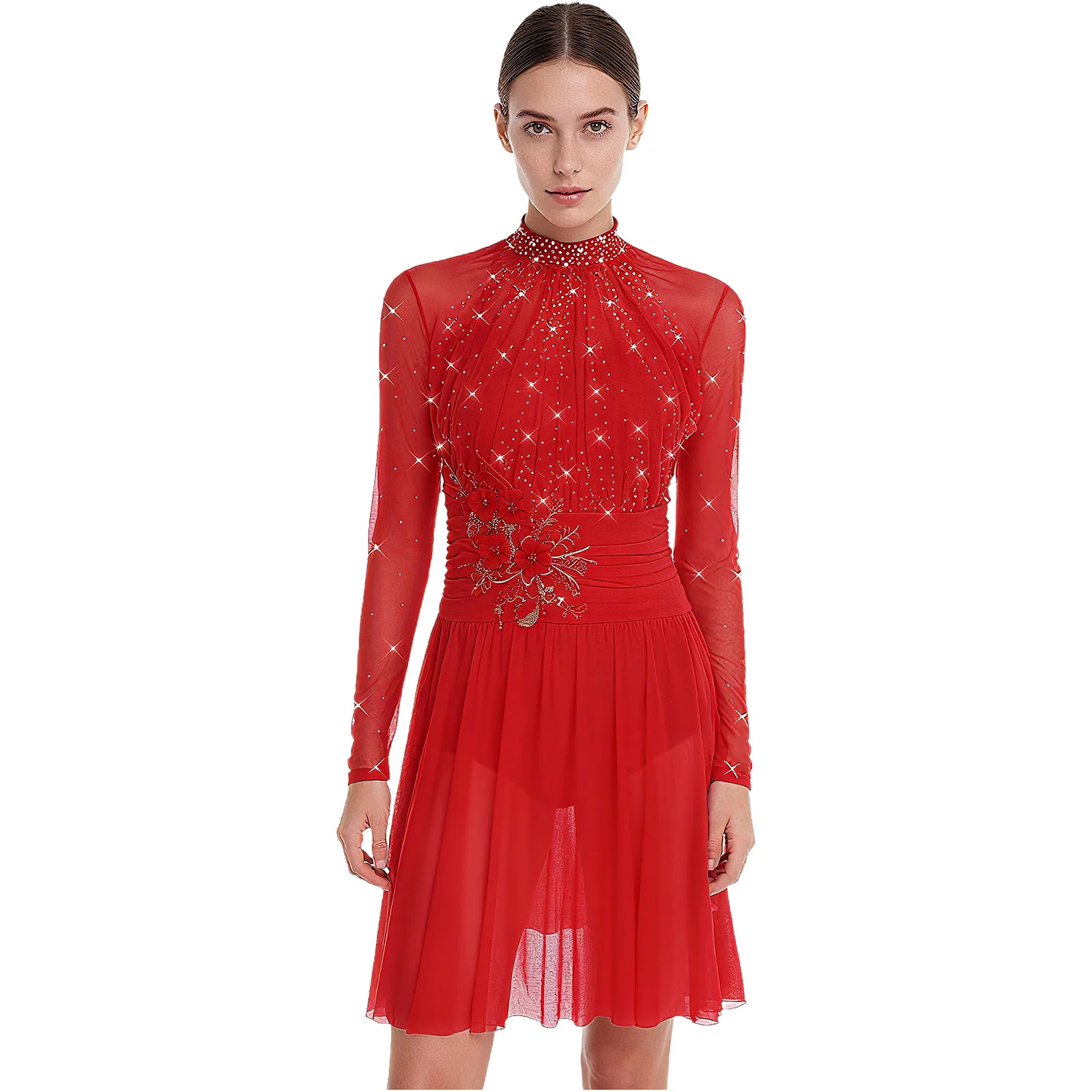 

Women Lyrical Figure Skating Modern Gymnastics Dance Dress Embroidery Applique Rhinestones Leotard Dress Stage Performance Wear