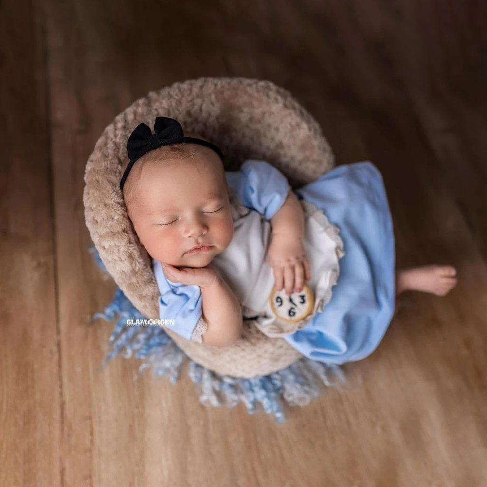 Newborn Photography Props Blue Alice Costume Lace Romper Infant Photoshoot Outfits Baby Girl Studio Posing Jumpsuit Clothes