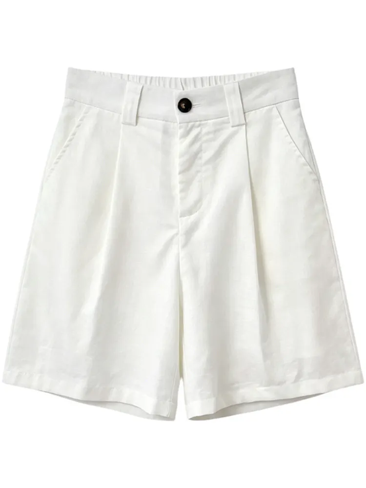 White Linen High Waist Wide Leg Short Pants Women's Casual Style Five-Quarter Length plus Size Comfortable Breathable Summer ...