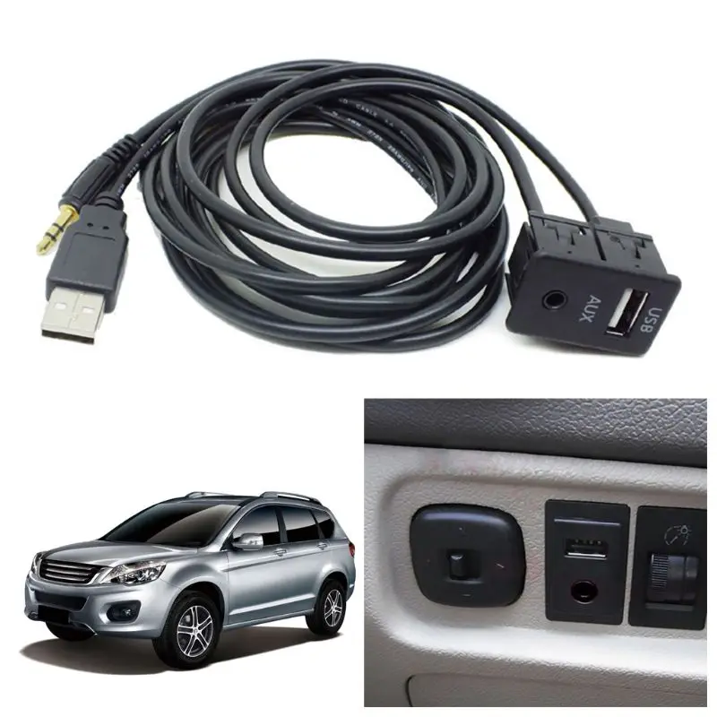 Auto Boat Bike Marine 3.5mm AUX USB Extension Cable Adapter 1.5M Car Dash Flush Mount Port Panel Transmits Audio Video