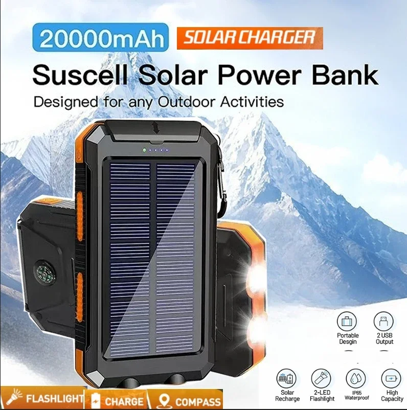 

Solar Power Bank Waterproof Large Capacity Powerbank Fast Charging External Battery with SOS for IPhone Samsung Xiaomi phone