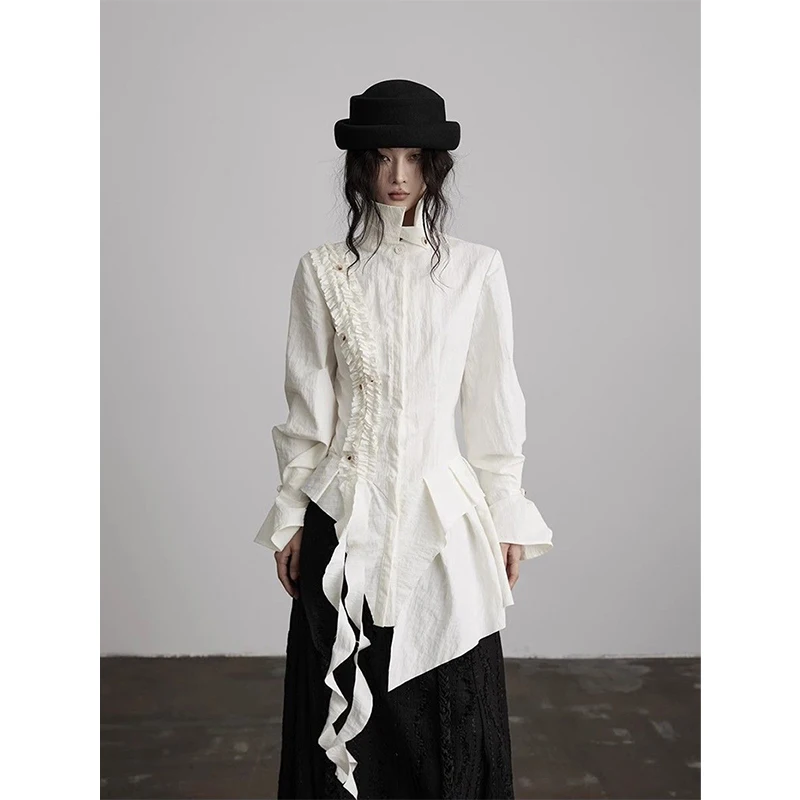 MEXZT Y2K Irregular White Shirts Women Japanese Harajuku Ruffles Patchwork Blouses Vintage Gothic Grunge Long Sleeve Design Tops