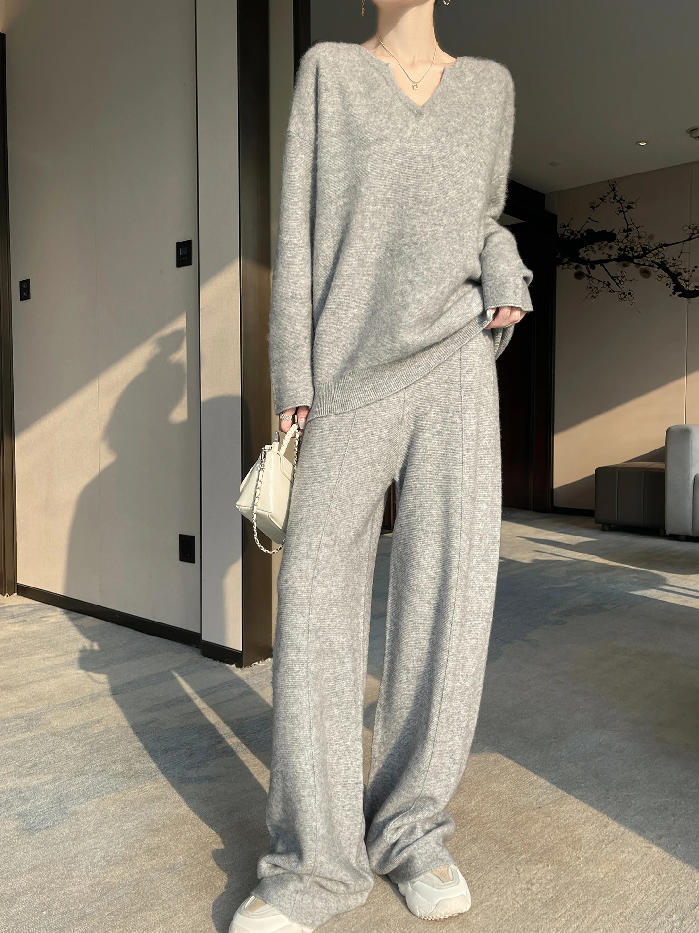 Light Luxury Autumn Winter Woman Pant Suit Female 100% Merino Wool Knitwear Solid Pullover Long Sleeve Clothing Tops Lady Bottom