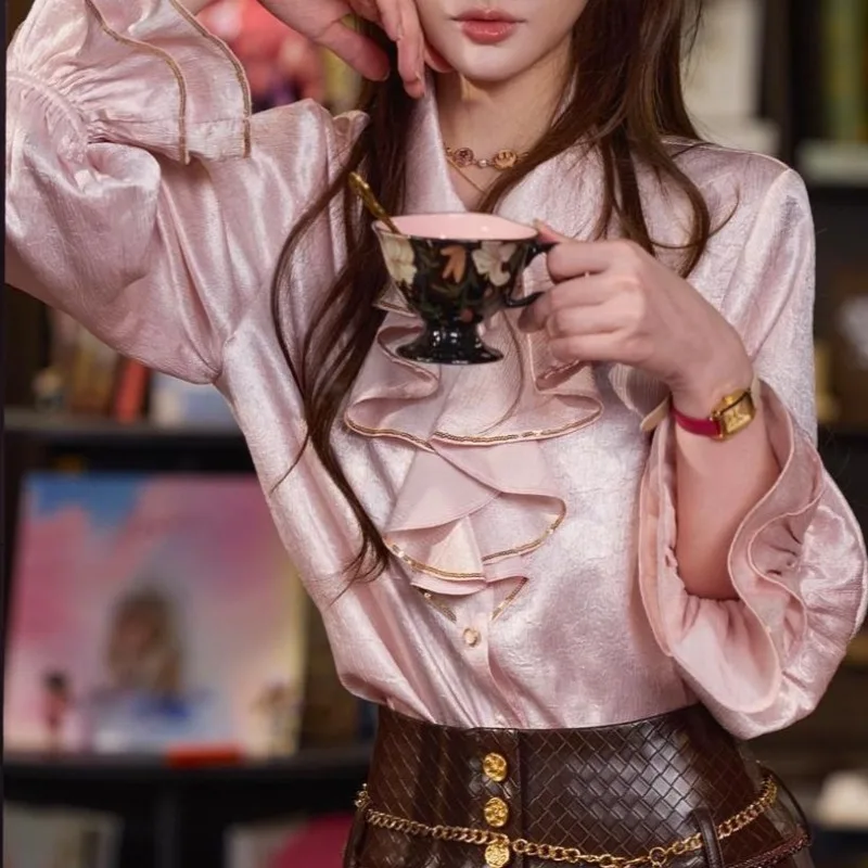 Women Sweet Ruffle Flare Sleeve Blouse Elegant Lapel Loose Shirt Soft Fabric Casual Ladies Top for Daily Party Wear