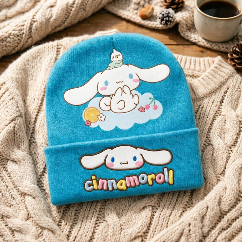 Sanrio Cinnamoroll Knitted Hat Cartoon Character Printed Knit Beanie Anime Winter Casual Hats Winter Accessories Birthday Gifts