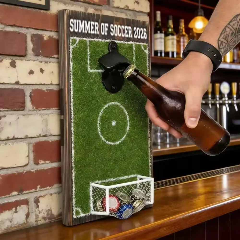 Football Soccer Field Bottle Opener Beer Sports Series Wall Mounted Bottle Opener Wall Decor Wooden Bottle Cap Catcher Pub
