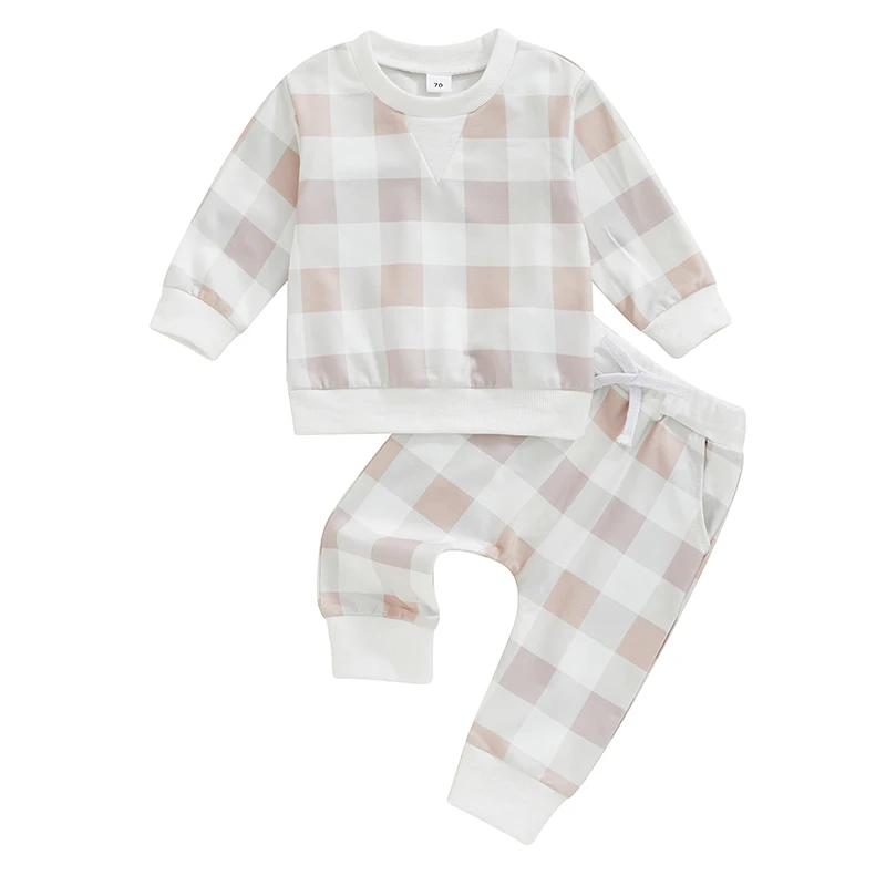 

Boy Autumn 2PCS Outfit Sets Long Sleeve O Neck Plaid Print Tops Drawstring Pants Sets