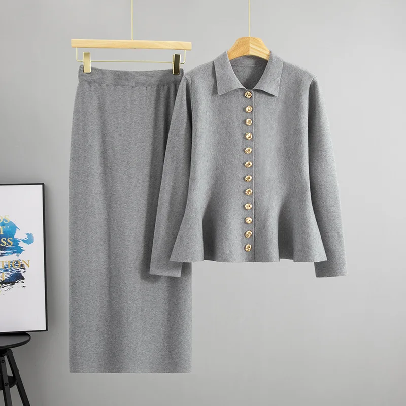 Women Knit Two Piece Sets Skirt Set Full Sleeve Buttons Sweater Long Skirts Straight Solid Skinny Office Lady Autumn Winter