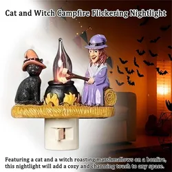 Cat And Witch Campfires Flickering Nightlight,3D Cat And Witch Fire Marshmallow Night Light,4in LED Fake Campfires Night Lights