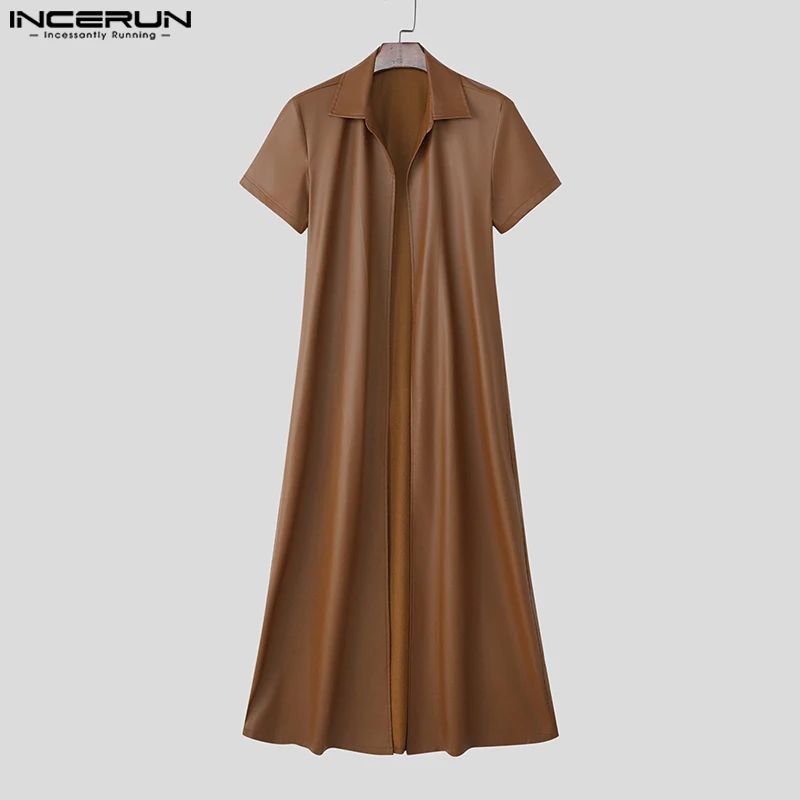 INCERUN Men Long Style Trench Solid Color Lapel Short Sleeve Male Cardigan Streetwear PU Leather Casual Male Windbreaker Coats 2 INCERUN Men Long Style Trench Solid Color Lapel Short Sleeve Male Cardigan Streetwear PU Leather Casual Male Windbreaker Coats 2