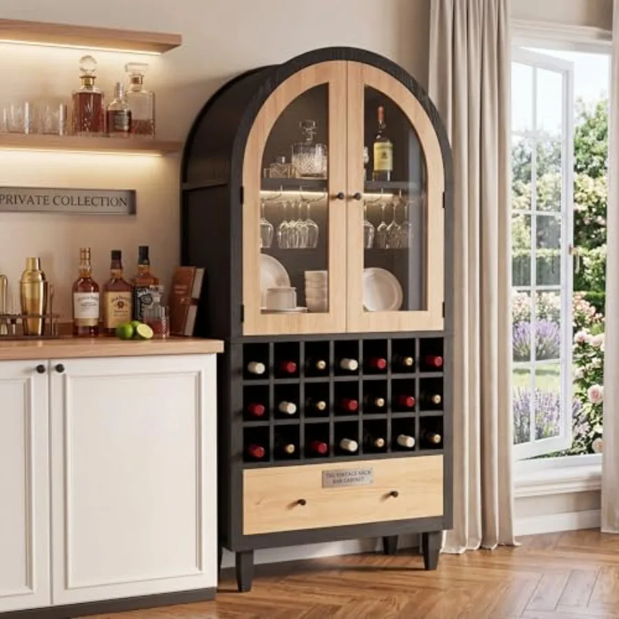 

Арочный винный шкаф-бар с 2 стеклянными дверцами, отделка под орех, с держателями для бокалов и модульной винной полкой для дома