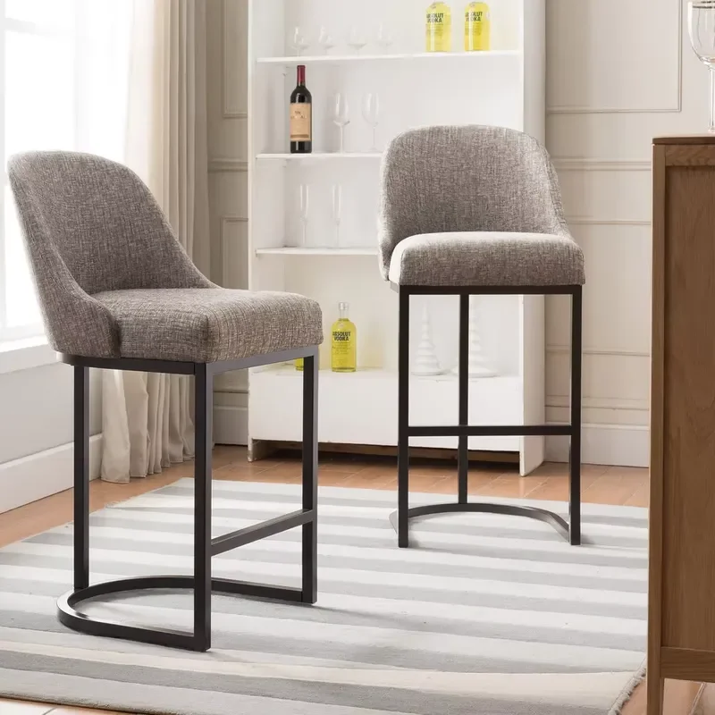 Grey Linen Bar Stools with Metal Base 2 Sets Kitchen Counter Chairs Modern Interior Barrel Back Design for Home Bar Dining