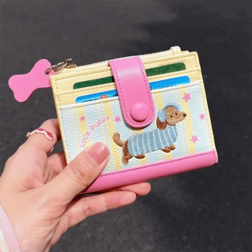 Cute Dopamine Color Dachshund Embroidery Coin Purse Zipper Pouch Cartoon Pu Wallet Korean Style Card Bag Small Item Bag Travel