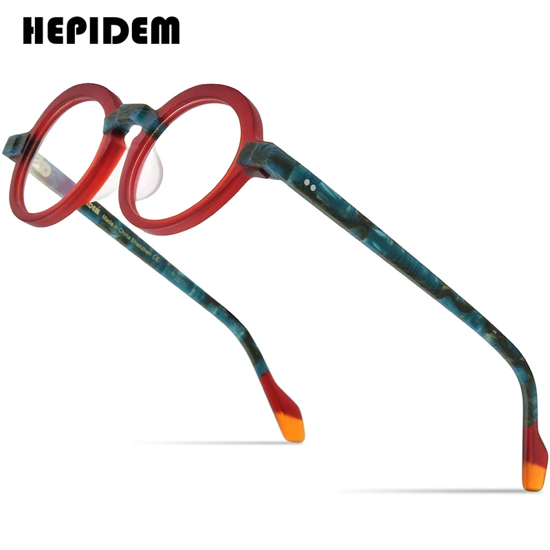 HEPIDEM-Gafas de acetato Multicolor para hombre y mujer, lentes redondas Retro mate, ópticas, 9233