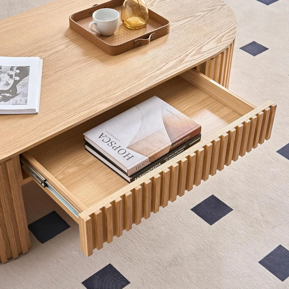 طاولة قهوة خشبية بيضاوية 51.18 باللون الأسود مع درج، طراز المزرعة لغرفة المعيشة والشقة (لمسة نهائية من خشب البلوط)