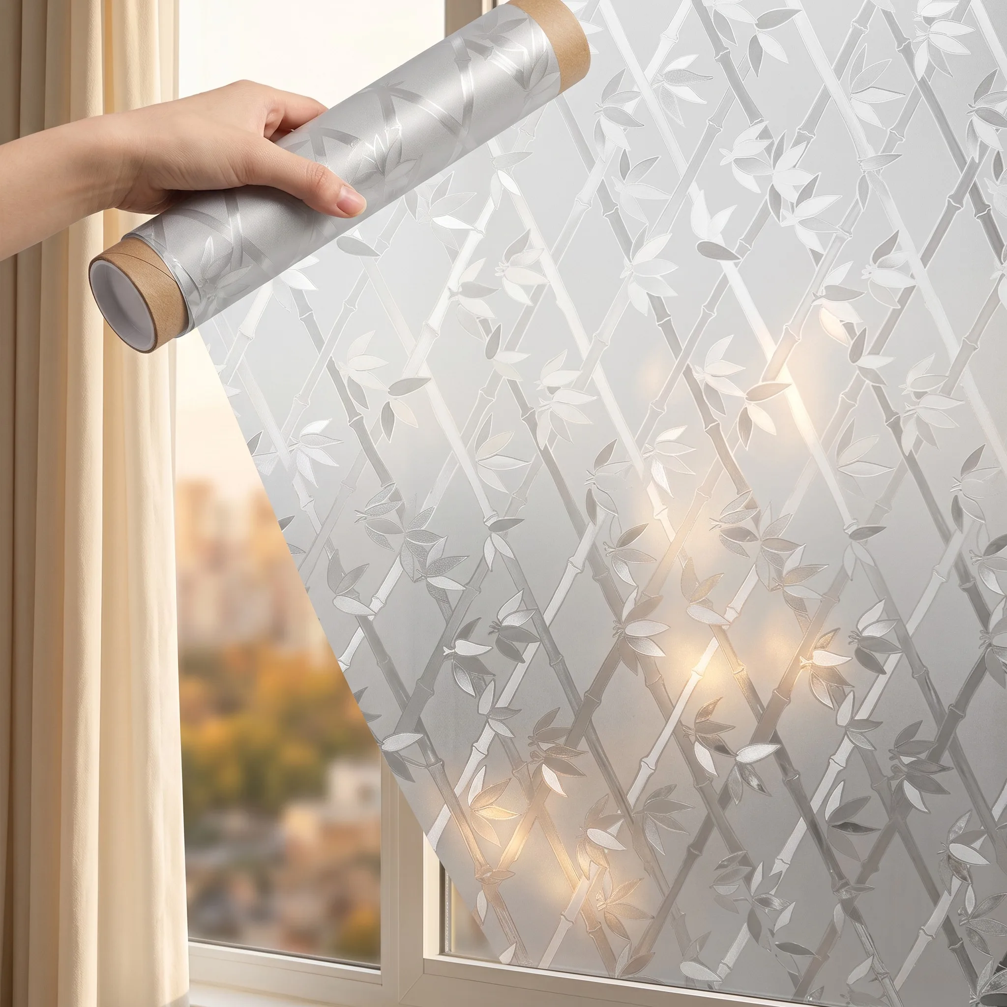 Oriental Bamboo Static Cling Window Film No Glue Frosted Privacy Glass Film, Zen Leaf Decor for Bathroom Study Office DIY Roll