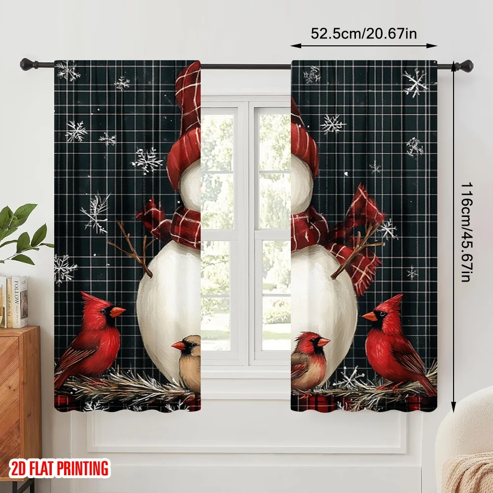2pcs,2D plane printing Curtain Popular Cute Snowman Red Cardinal Christmas (3) Versatile Fabric (without rod) Home Decor Ldeal