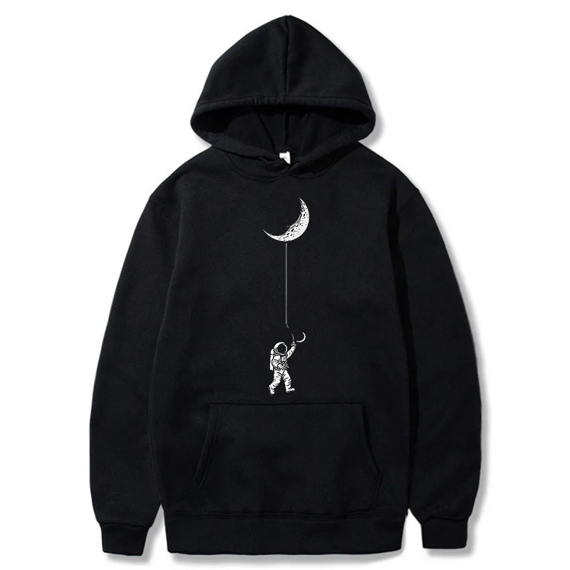 Astronaut Moon Graphic Hoodie für Herren – Schwarzes, lässiges Pullover-Sweatshirt mit Weltraum-Themen-Aufdruck, Essentials-Hoodies, Herren-Hoodies