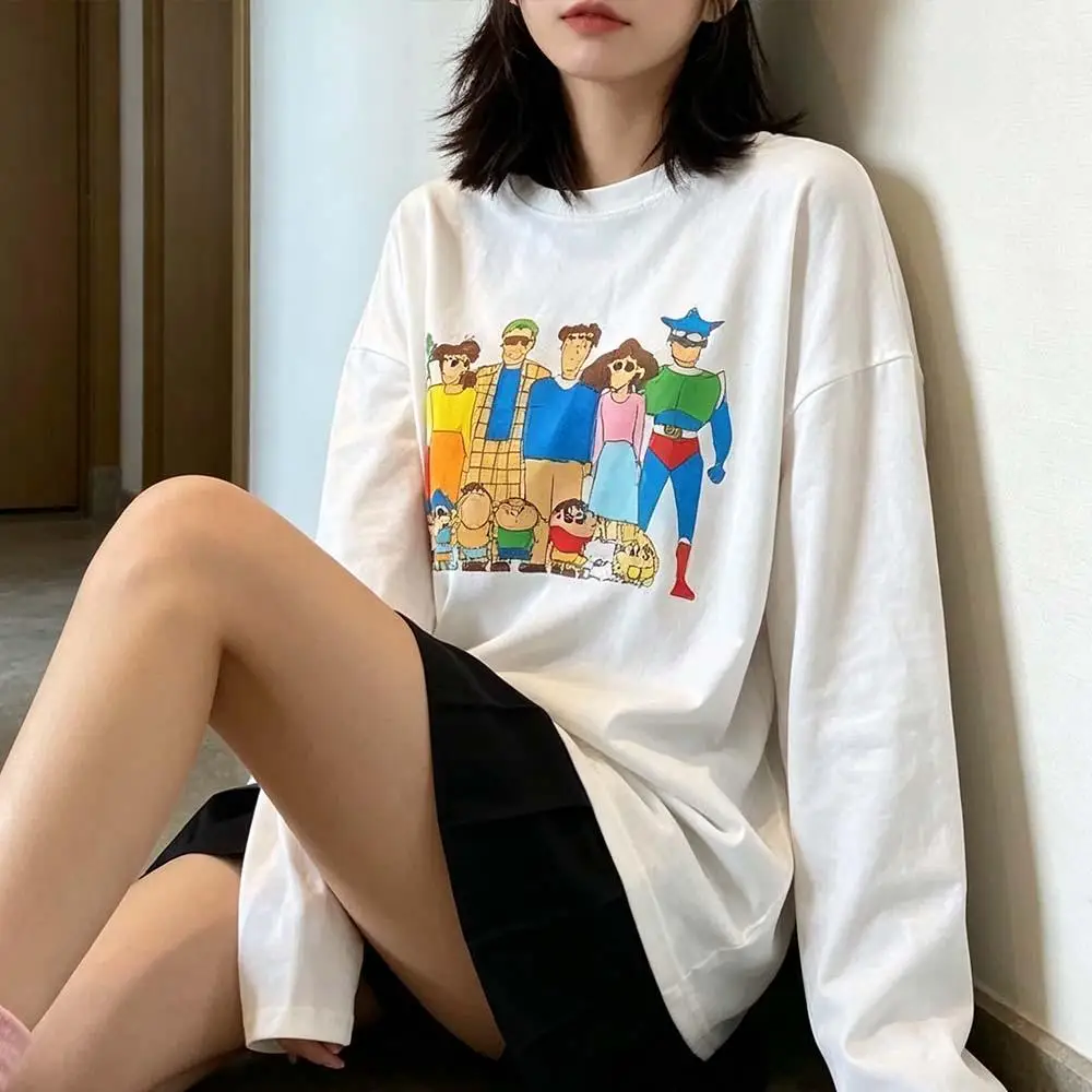 Japanese Crayon Shin-Chan Printed Long Sleeved T-Shirt American Men's and Women's Loose Cotton Tops Couple Pullover Leisure