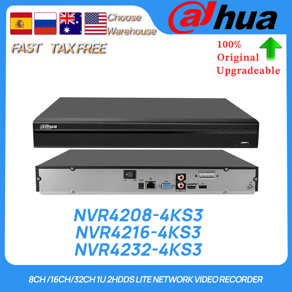 Original Dahua NVR NVR4208-4KS3 NVR4216-4KS3 NVR4232-4KS3 8CH/16CH/32CH 1U 2HDDs Lite AI 2 SATA NO POE Network Video Recorder