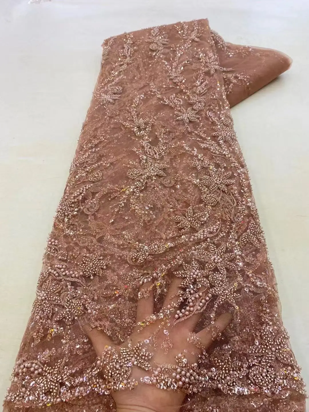 

African Heavy Bead Lace Fabric 2025 High Quality Nigerian Sequins French Tulle Fabric Material For Wedding Party