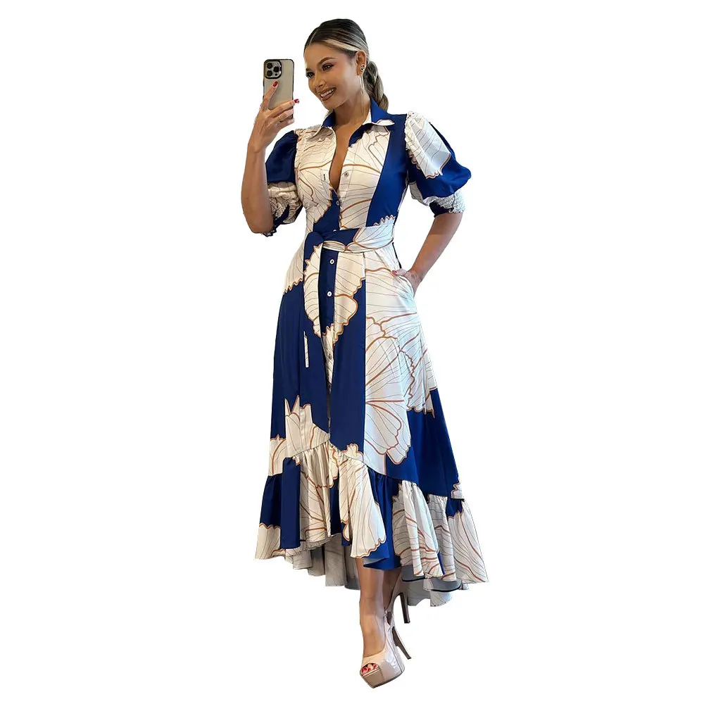 2025 verão feminino nova camisa retro impresso botão lapela único quebrar plissado hem saia feminina estilo de acampamento ao ar livre vestido solto