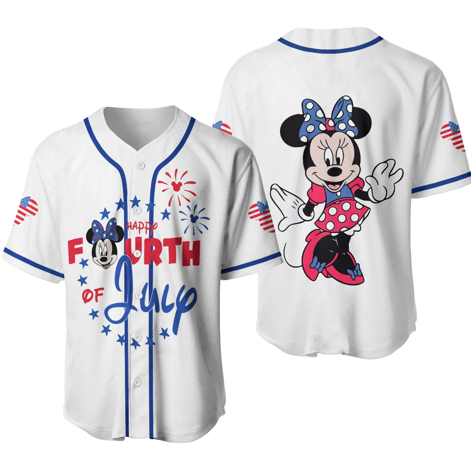 Disney Baseball Jersey Mickey  Minnie  July 4th Happy White Blue Disney Men's and Women's Baseball Jersey