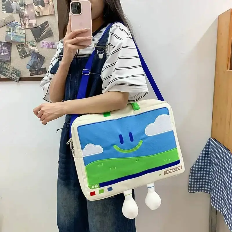 

Funny Cartoon Smiling Face Shoulder Bag Casual Computer Protective Student Embroidery Laptop Fashion Big Capacity Versatile Bag