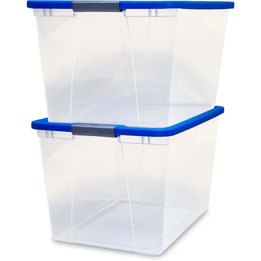 

HOMZ 2-Pack Secure Latch Clear Plastic Storage Organizer Bins 64 Quart Blue Lid