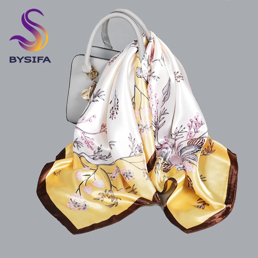 BYSIFA| White Yellow Silk Shawl Scarf Ladies Brand Elegant Floral Square Spring Scarves Fouldard Fall Winter Neck Scarf Cape