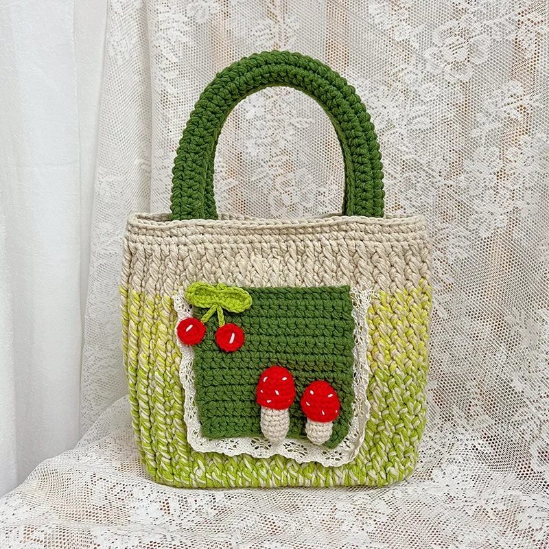 Hot New Model DIY Hand Crocheted Mushroom Cherry Wool Retro Handbag for Women