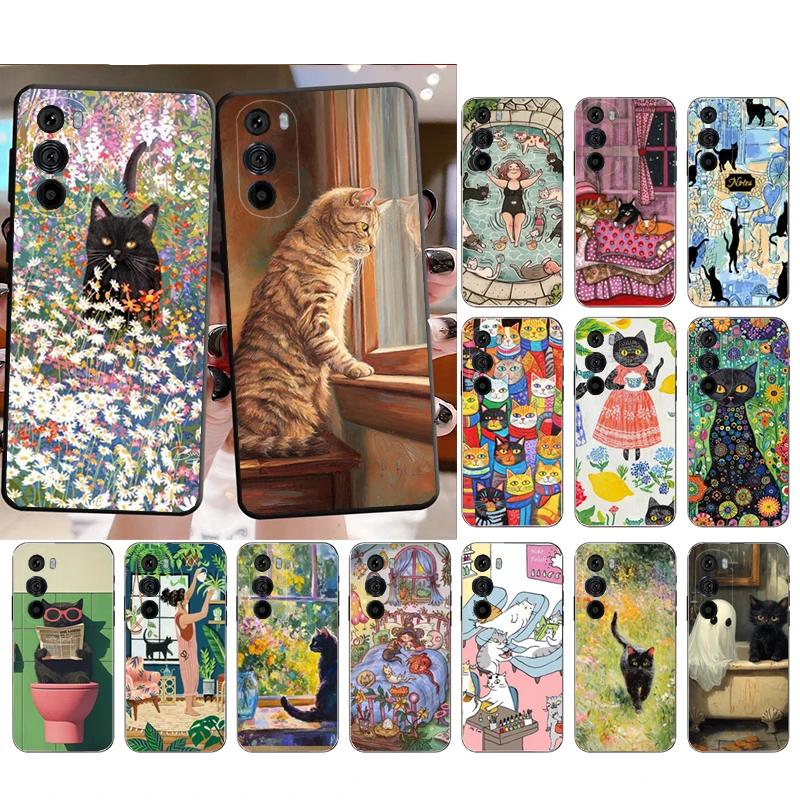 

Black Cat Flower Art Phone Case For Motorola Edge 60 50 40 Pro 60 50 40 30 Ultra Neo Fusion Moto G Play G Stylus G Carcasas
