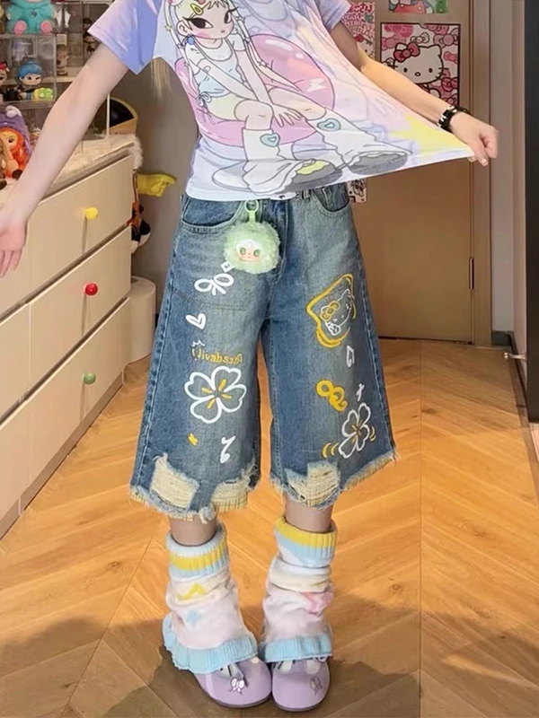 Retro American Cartoon Graffiti Hole Print Jeans Shorts Women's Summer New Casual Short Pants High Waist Wide Leg Jeans