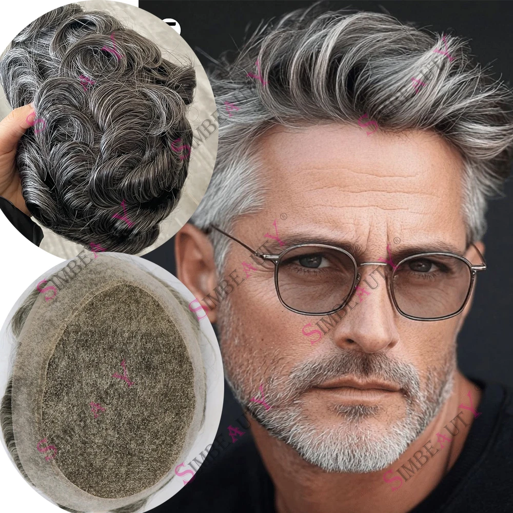 

Мужской прочный парик-накладка из швейцарского кружева с полиуретановой основой, цвет 1B50 серый, дышащий, система замещения волос для мужчин