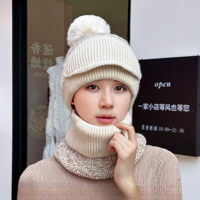 hat-scarf-mask-warm-kit-for-women's-winter-new-thickened-cycling-ear-protection-windproof-knitted-hat-three-piece-set