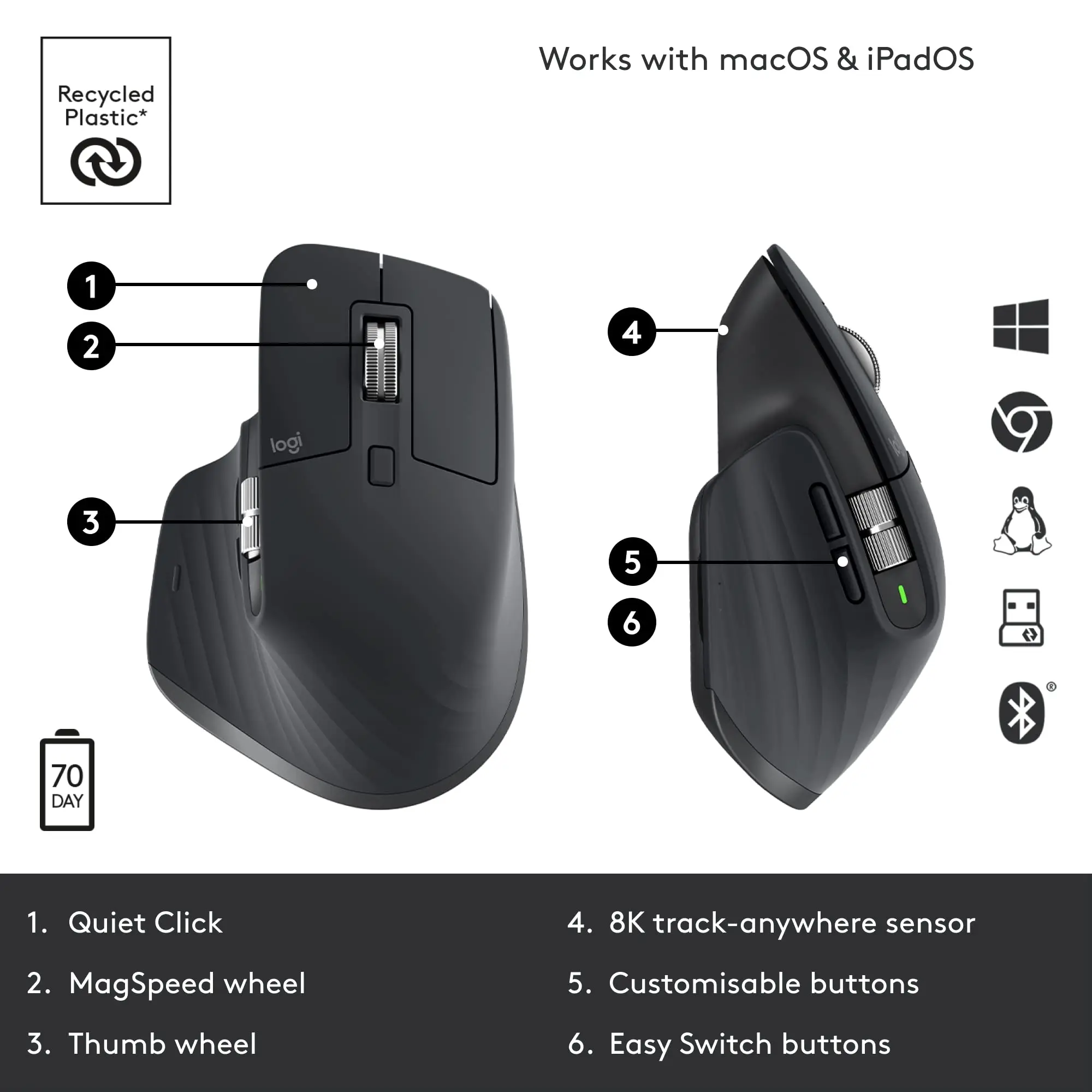 Logitech-ratón inalámbrico MX Master 3S / MX Master 3, periférico con cambio automático de 8000 DPI, rueda de desplazamiento, Bluetooth, para oficina