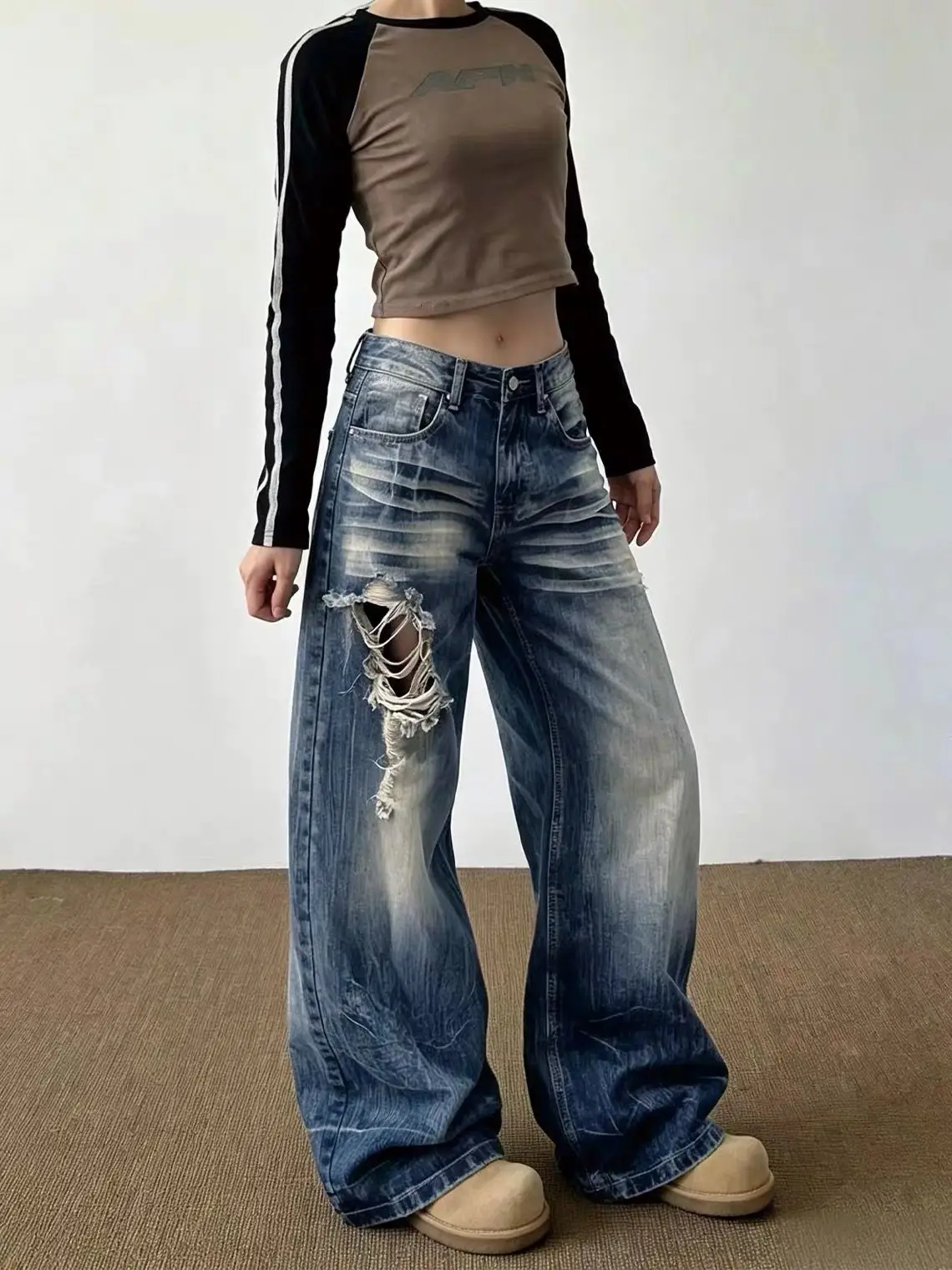 Distressed High Waist Straight Wide Leg Jeans Women Autumn New High Street Designer Loose Slim Pants