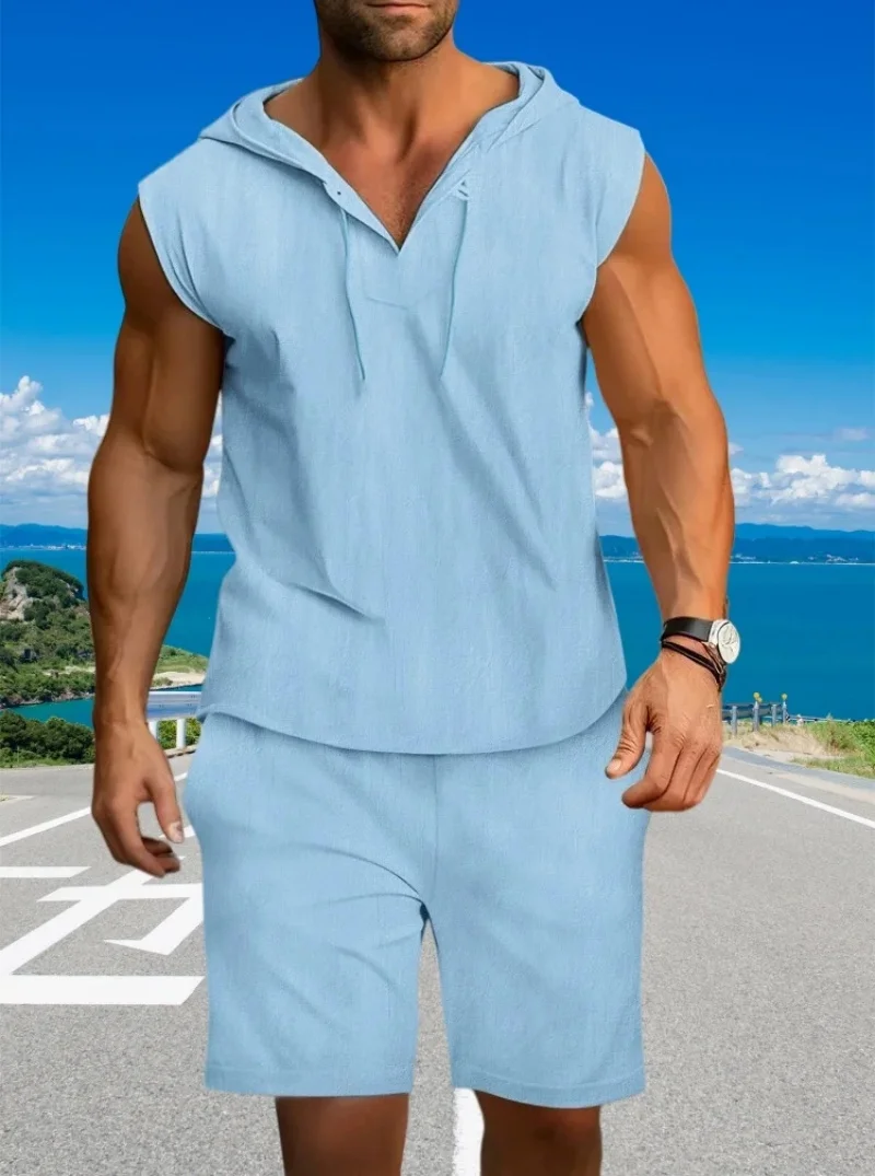 

Summer men's casual fashionable hooded sleeveless solid-color T-shirt vest + short pants cotton and linen trendy sports outfit